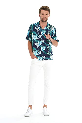 Image of Family Matching Hawaiian Clothes, Orchid Breeze Navy | Lightweight 100% rayon • Family matching outfits • Beach vacations • Luaus • Cruises • Family photos