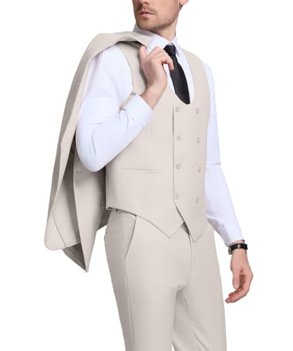 Mens 3 Piece Slim Fit Suit Set, Double Breasted Blazer Vest Pants Business Tuxedo Dress3