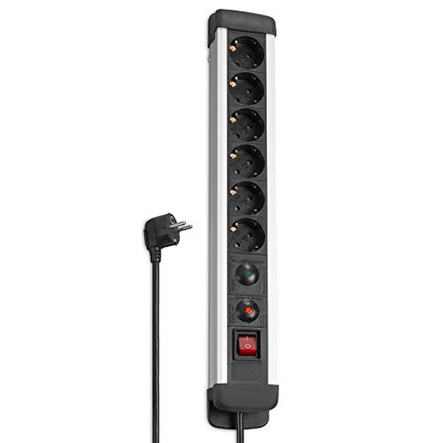 Hama Steckdosenleiste 6-Fach mit Überspannungsschutz (Aluminium Mehrfachsteckdose 1,5m, inkl. EIN- und Aus Kipp-Schalter, Steckplätze 45 Grad gedreht, Wandmontage) Schwarz/Silber