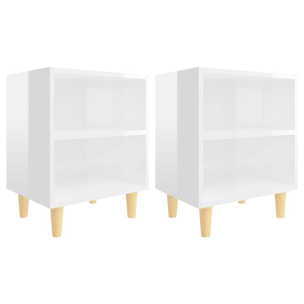 vidaXL Tables de Chevet Pieds en Bois 2 pcs, Armoire de Lit, Table de Nuit, Meuble de Chambre à Coucher Maison Intérieur, Industriel, Blanc Brillant