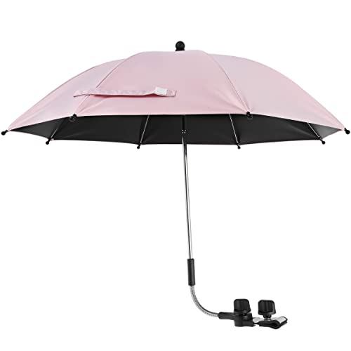 Image of HOTBEST Baby Stroller Umbrella 360° UV Protection Pram Umbrella Waterproof Universal Baby Stroller Parasol with Adjustable Clamp and Flexible Arm for Bike Wheelchair Beach Chair (33.5in, Pink)