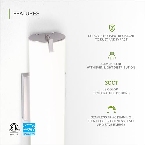 Image of ASD LED 18 inch Vanity Wall Mount Light Fixture, Linear Bathroom Lighting Bar | 3CCT, Dimmable, Energy Star, ETL Listed | 20W 1500LM 3000-5000K 120V | Long Tube Bath Sconce Over Mirror | Nickel