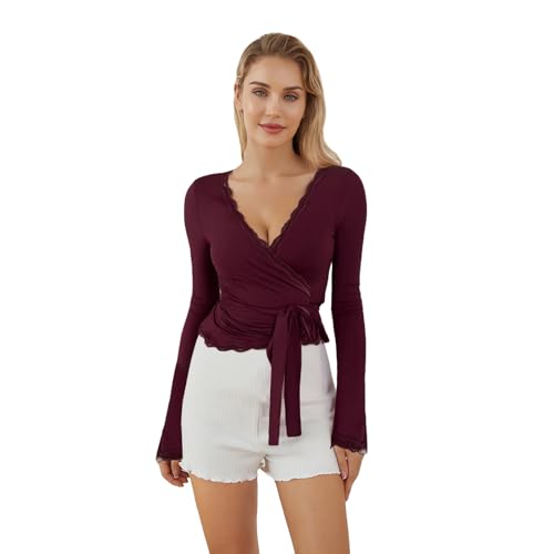 SANSIWU Damen Langarm Kreuz-Wickeloberteil Y2K Tiefer V-Ausschnitt...
