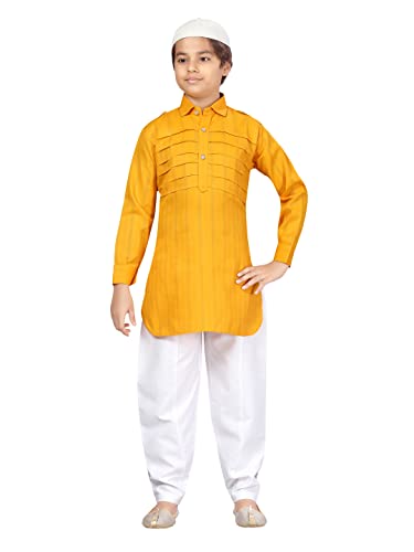 Image of Aarika Boys Yellow-White Color Pathani Kurta Pyjama with Cap Set (C PS-JK-102-YELLOW-WHITE-4)