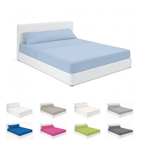 SABANALIA - Juego de Sabanas 90x190 de Hostelería | Celeste | 3 Piezas | Sábana Encimera, Sábana Bajera Ajustable y Funda Almohada | Cama 90x190 | 50% Algodón - 50% Poliéster