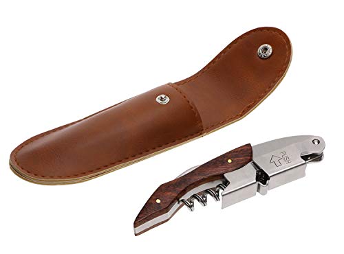 Mini Skater Professional Wine Opener Keys Natural Wood Handle Double-Hinged Stainless Steel Screw Beer Bottle Corkscrew with Leather Pouch For Bartenders Waiters Servers,1Pcs (B Style + Pouch)