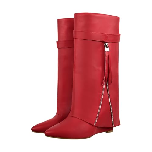 LISHAN Women's Knee High Fold over Wedge Heel Long Shark Boots Pull on Shoes3