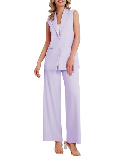 Kelyaa Women’s Suit Set: Elegant Light Purple 2-Piece Outfit with Sleeveless Vest and Wide Leg Pants for X-Large Sizes