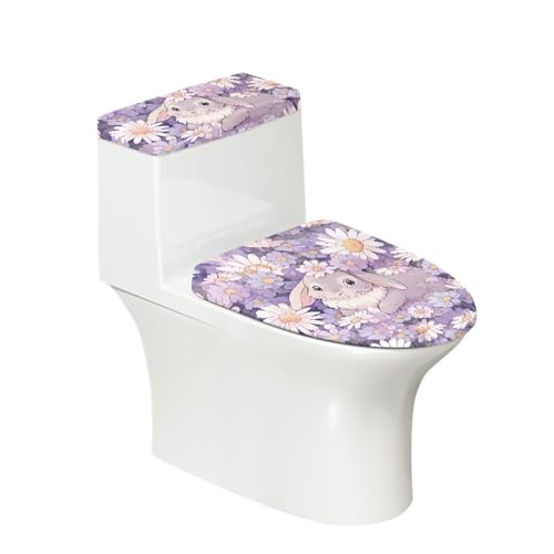 Gzzxiailg Rabbit Daisy Toilet Lid Dust Cover and Toilet Tank Lid Cover Anti-Slip Elastic Edge Toilet Lid Covers for Bathroom Accessories Decor Not Easy to Fade and Not Easy to Pilling