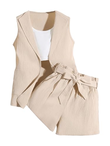 Image of SweatyRocks Girl's Two Piece Outfits Lapel Collar Sleeveless Vest Jacket and Belted Wide Leg Shorts Set