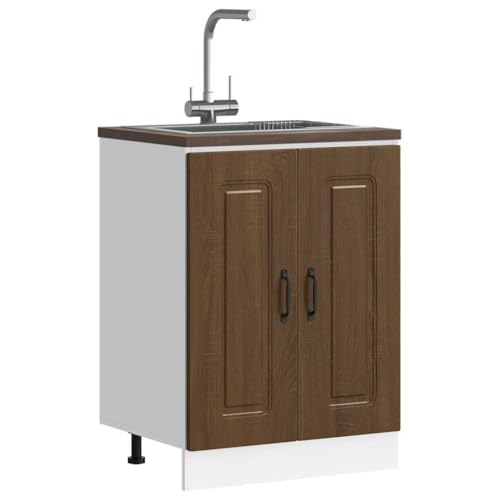 QJBSAVVA Kalmar Brown Oak Sink Base Cabinet 60x46x81.5 cm Engineered Wood Kitchen Storage Unit with Adjustable Feet for Modern Kitchens, Pantry Cupboard or Bathroom Space