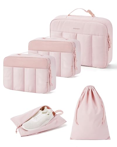 BAGSMART smart packing cubes in pink, featuring three compression bags and a shoe pouch, designed for organized travel and easy packing.
