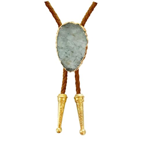 Image of Daisy Del Sol Gemstone Bolo Tie Braided Vegan Faux Leather Natural Stone Gold Handmade Necklace Adjustable Boho Western Jewelry
