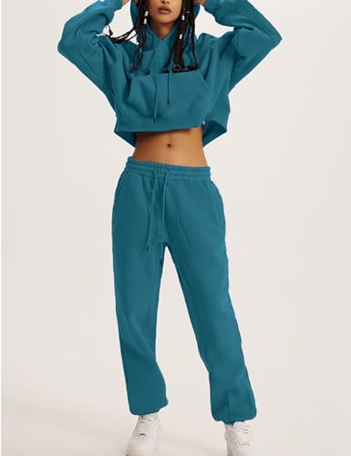 Flygo Womens Fleece 2 Piece Outfits Sweatsuit Crop Pullover Sweatshirt Joggers Pants Tracksuit Set(Teal-S)