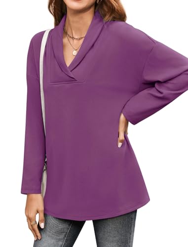 Image of Women's Long Sleeve Tops Fall Shawl Neck Tunic Tops for Leggings Casual Blouse Sweatshirt