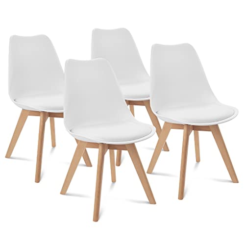 Image of Set of 4 Modern Style Mid Century Modern Dinning Room Cafe Hotel Office Wooden Legs Chair (White Fully Wooden Legs)