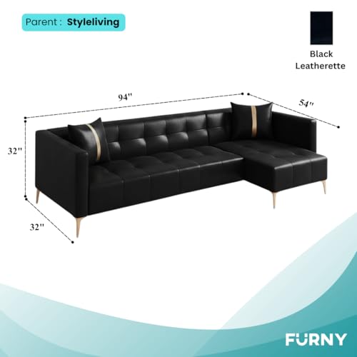 Image of FURNY Styliving 6 Seater Leatherette RHS L Shape Sofa Set (Black) Premium Finish with Comfort | Durable & Ideal for Living Room