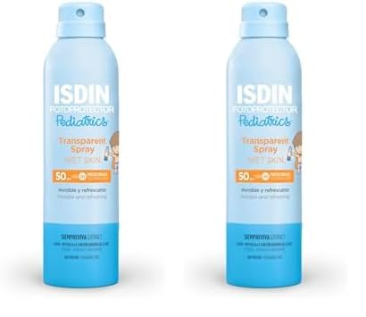 Fotoprotector ISDIN Pediatrics Transparent spray Wet Skin SPF 50 - Protector solar corporal para niños, invisible, ligero, para piel mojada, 250 ml (Paquete de 2)