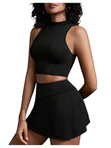 OYOANGLE Women's 2 Piece Tennis Skirt Sets Solid Crop Top Mini Pleated Golf Skorts Skirts Athletic Pickleball Outfit