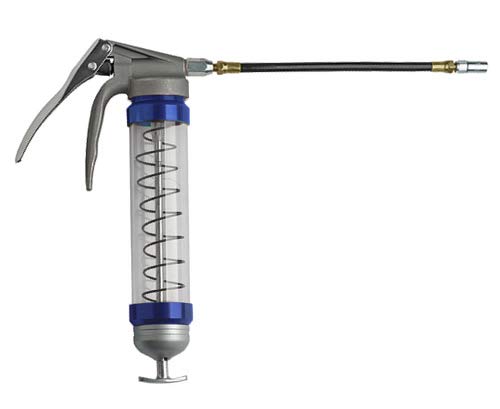 Pistol Grip Clear Barrel Grease Gun with Color End Caps and 12" Flexible Hose (Blue)-Video