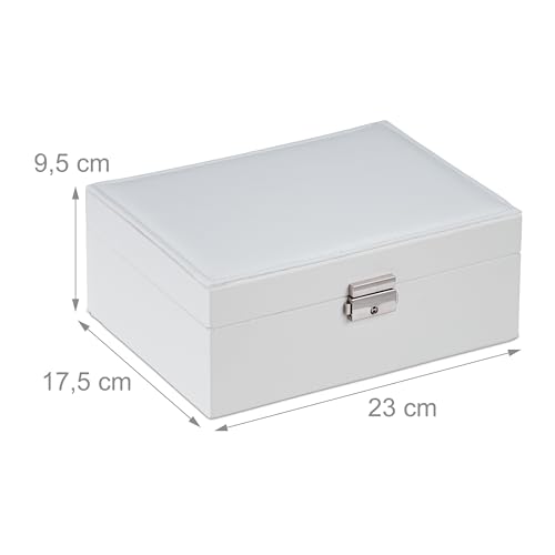 Relaxdays Schmuckkasten, Schmuckaufbewahrung mit Ringhalter, HxBxT: 9,5 x 23 x 17,5 cm, herausnehmbarer Einsatz, weiß