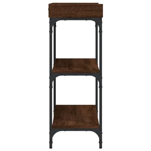 Mesa consola marrón efecto roble de alta estabilidad con estantes mixtos y soporte de pared 6