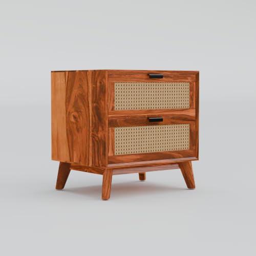 Image of Solid Sheesham Wood Bedside Table with 2 Cane Rattan Drawers | Wooden Nightstand with Spacious Storage (Honey Finish)
