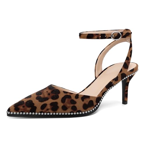 Image of SAMMITOP Kitten Heels for Women Low Heel Closed Toe Ankle Strap Pumps Wedding Party Beaded Dress Shoes 2.4 Inch