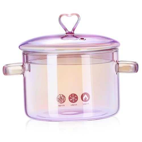 Pentola per Zuppa in Vetro Borosilicato 1,5 Litri Manici Antiaderenti, per Fornelli Domestici e Cottura di Noodles Istantanei, Colore Rosa