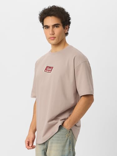 Image of The Souled Store IT: Derrys Calling Men and Boys Short Sleeves Round Neck Beige Graphic Printed Cotton Oversized T-Shirts