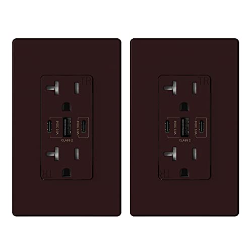 Image of ELEGRP USB Outlets, 30W 6.0 Amp USB C Outlets Receptacles, 3-Port USB Wall Outlet, 20 Amp Tamper-Resistant Outlet with 2 USB C Ports, UL Listed, Screwless Wall Plate Included, 2 Pack, Matte Brown