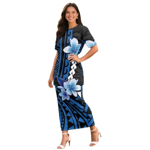 Image of Puletasi Samoan Traditional 2 Piece Outfits for Women Short Sleeve Crop Top and Maxi Skirt Sets Puletasi Dress