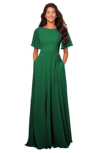 Image of petyoo Chiffon Flutter Sleeve Bridesmaid Dresses with Pockets Sash Long A Line Formal Dress