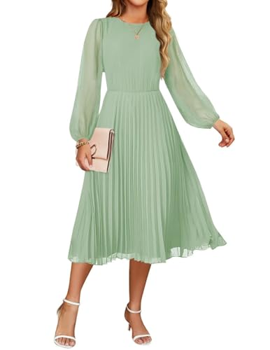 ZESICA Women's Fall Long Sleeve Dresses 2026 Casual Crewneck Chiffon Swing Pleated A Line Cocktail Party Midi Dress,Sage Green,Small