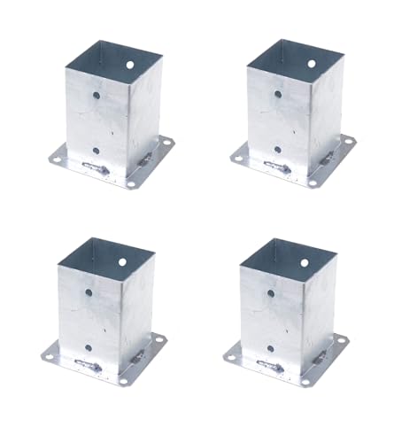 Aqbau 4er Set Pfostenträger 100x100 mm zum Aufschrauben, Pfostenschuh 10x10, Pfostenanker & Bodenhülse mit Dübelplatte, Aufschraubhülse feuerverzinkt für Holzpfosten Carport Zaun
