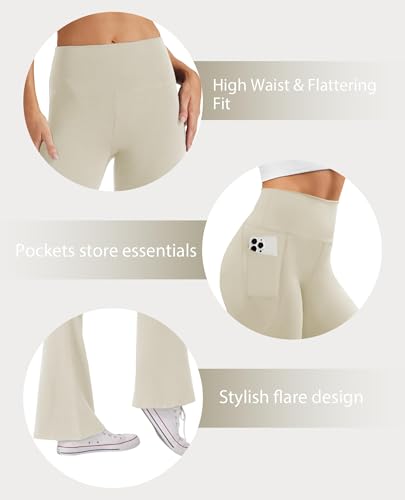 Glacspyg Damen Hose mit Taschen Yogahose Freizeit Jogginghose High Waist Sporthose Elastische Weite Bootcut Jazzpants Khaki M