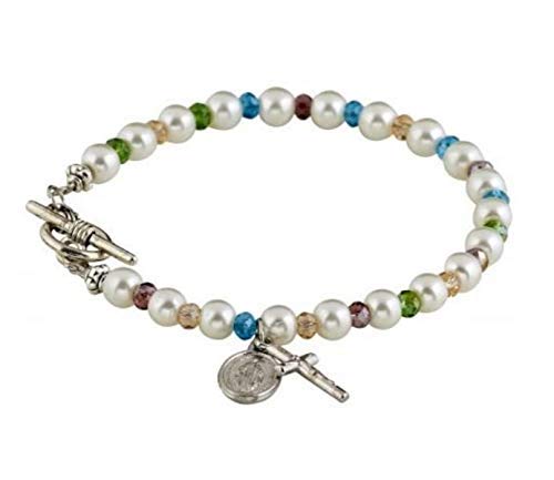 Bracelet with Multi-Color Glass Beads and Silver Toned Miraculous Medal Charm by Needzo Inc, 7 3/4 Inch