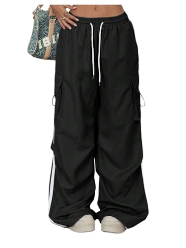GORGLITTER Women's Baggy Cargo Pants Y2k Wide Leg Stripe Drawstring Elastic Waist Trousers