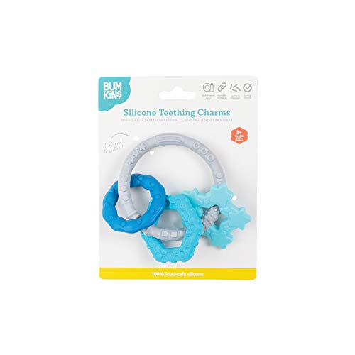 Image of Bumkins Baby Teething Freezer Toy Keys Rings, Soft Flexible Pacifier to Chew, Cool Teether Gum Relief, Babies 3 Months, Freezable Platinum Silicone, Sensory Bracelet with Charms, Blue and Gray