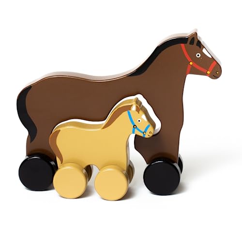 Jack Rabbit Creations Big & Little Horse Push Toy Adorable Nesting Animals Set is 2 Toys in 1 – Classic Rolling Wooden Toy – Develops Hand Eye Coordination & Motor Skills - Ages 18+ Months