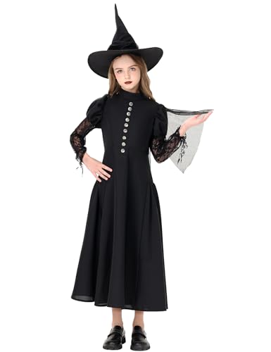 LETIME Witch Costume for Girls Halloween Kids Black Wicked Witch Costume Dress up Outfit with Hat for Teens Trick-or-Treat & Party