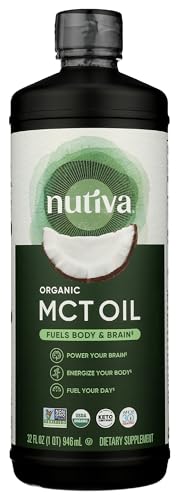 Nutiva Organic MCT Oil, Unflavored, 32 Oz, USDA Organic, Non-GMO, Non-BPA, Whole 30 Approved, Vegan, Gluten-Free & Keto, 14g MCT per Serving & Neutral Flavor for Energy Boost to Coffee, Shakes and Salads