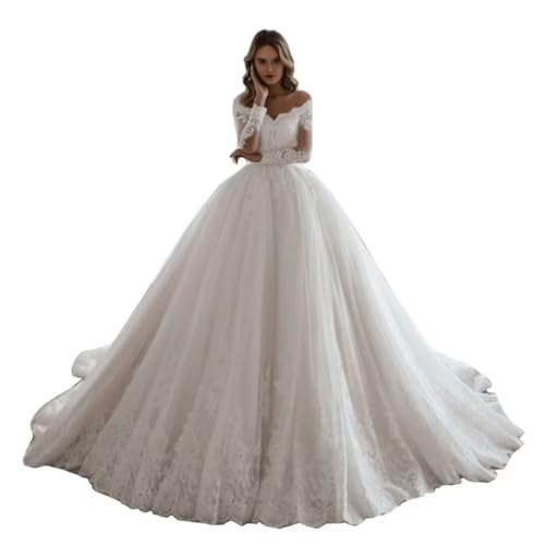 Mouccy Women's Princess Lace Wedding Dresses with Train Lace Long Sleeve Wedding Ball Gowns A-line Bridal Gowns for Bride