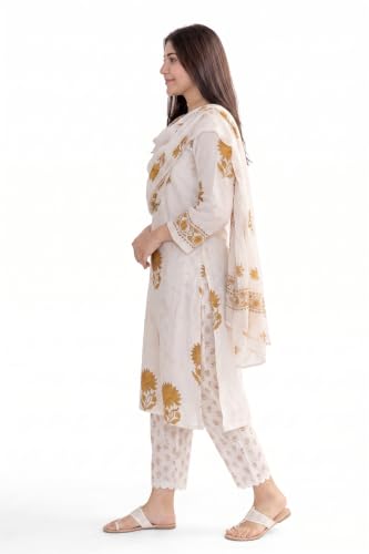 Image of Nermosa Women's Hand Block Floral Printed Straight Kurta Set with Palazzo Pants & Dupatta Ethnic Kurta Set for Casual Outings Day Events Summer Wear Festive