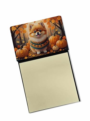Caroline's Treasures Pomeranian Fall Sticky Note Holder Refillable Dispenser Self-Sticky Note Pads, Memo Pads Blank Desk Accessories