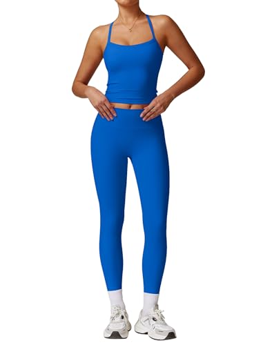 ABOCIW Workout Sets for Women 2 Piece Padded Sports Bra Tank Top High Waist Leggings Sets Active Gym Yoga Work Out Clothes Royal Blue M