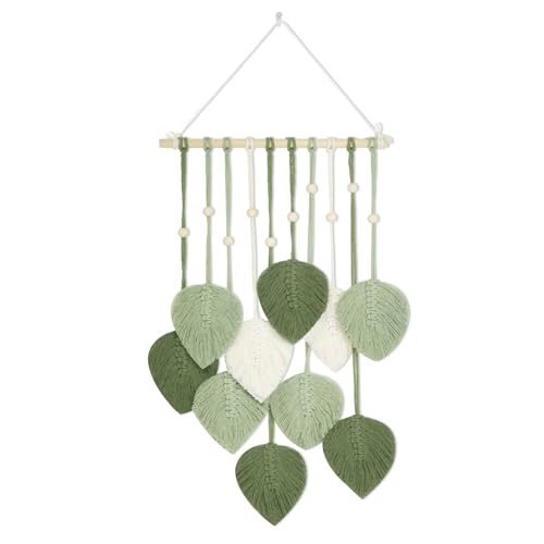 FIHODONE Tapisserie Murale en Macramé, Tenture Murale Macrame 90×40cm, Deco Boheme Macrame Mural, Decoration Murale de Gland Fait Main Feuille pour Chambre Salon Décoration, avec Crochet non Marquant