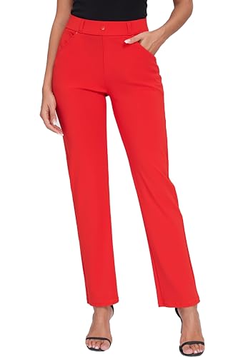 Oalka Women's Dress Pants Straight Leg Yoga Work Stretchy Pant for Office Business Red Regular M