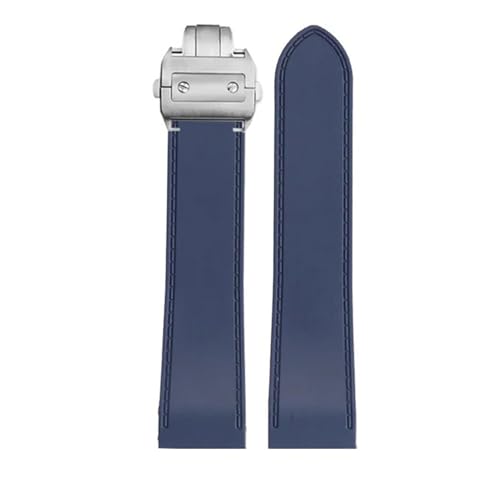 HTHRRFE Correa de reloj de goma de 23 mm y 25 mm compatible con Cartier Santos serie 100 Correa de reloj de silicona resistente al agua Hebilla plegable for hombre Pulsera negra y azul(Blue silver buc