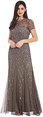 Adrianna Papell Women's Short Sleeve Beaded Mesh Gown, Lead, 4
